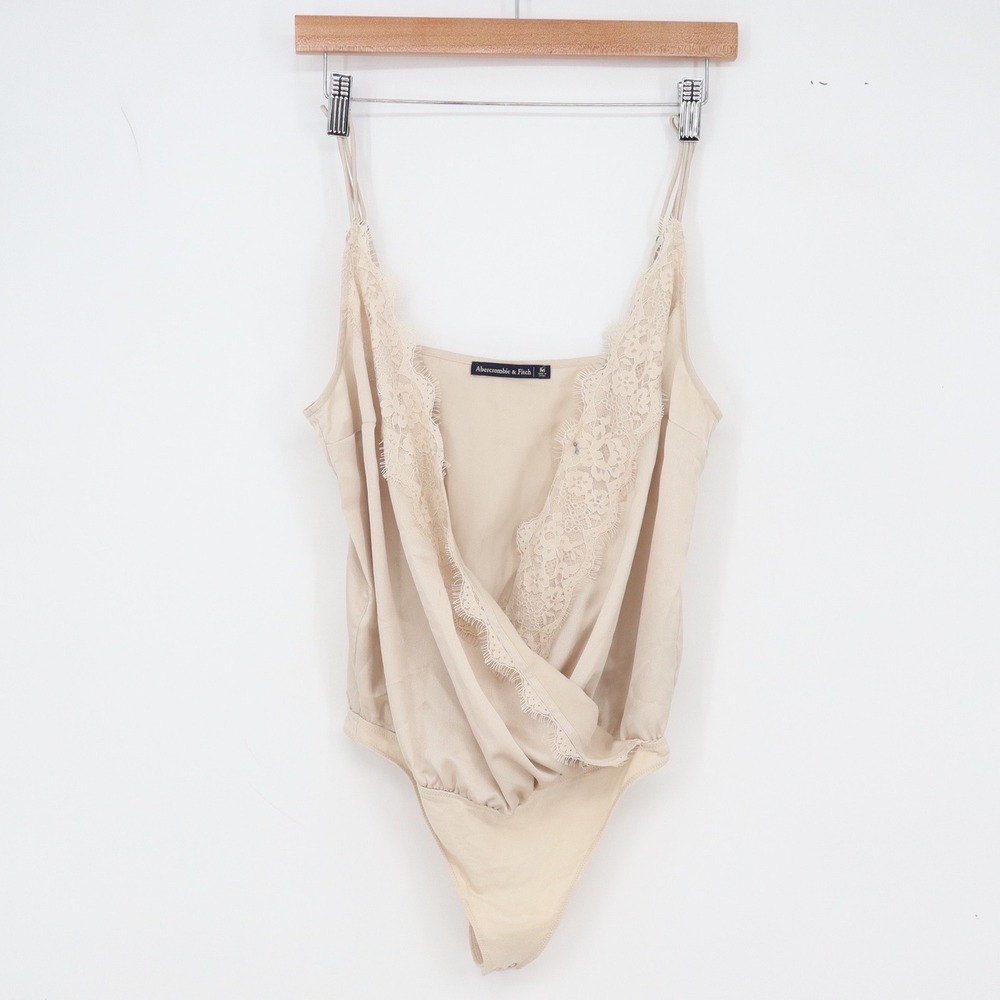 Abercrombie & Fitch Bodysuit Womens M Surplice Lace Trim Champagne Satin Good